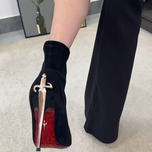 Botas Cortas de Tacón Alto para Mujer, Estilo Dama Real, con Cetro Dorado, Color Sólido, Suela Roja Cálida, Cierre de Manga - Product Image 4