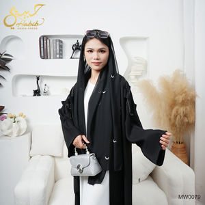 Habib新デザインヒジャーブブラックオープンアバヤセット工場卸売ビーズスリーブオープンアバヤヒジャーブ付き - Product Image 3