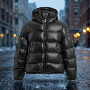 Chaqueta acolchada negra con capucha unisex, abrigo informal de invierno con relleno de plumón, cierre de cremallera, longitud corta, resistente al viento, corte regular. - Product Image 4