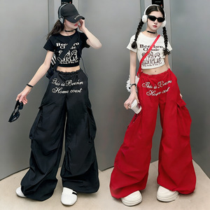 Ensemble de tenue d'été pour adolescente, t-shirt à manches courtes avec imprimé lettres noir et blanc + <span class=keywords><strong>pantalon</strong></span> <span class=keywords><strong>cargo</strong></span>, ensemble de 2 pièces tendance - Product Image 1