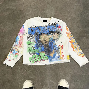 2025 camiseta personalizada hombre algodón de gran tamaño serigrafiado hombro caído dobladillo crudo manga larga Camiseta Boxy recortada camisetas hombres - Product Image 1