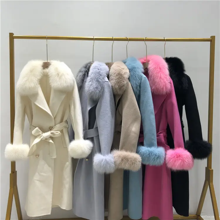 Jtfur Winter Elegant Full Length Coat Warm Ladies Slim Long Fur Collar Women Cashmere Real Natural Fox Fur Wool Coat