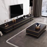 Ensemble de meubles de salon moderne en bois noir : Meuble TV et table basse de luxe avec plateau en verre et rangement intégré
