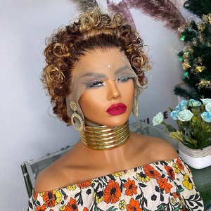 Brasiliano <span class=keywords><strong>capelli</strong></span> Remy da <span class=keywords><strong>donna</strong></span> marrone <span class=keywords><strong>chiaro</strong></span> HD Bob Short per Pixie Cut parrucca 180% per Ombre nero 13x1 senza colla estensione frontale - Product Image 6
