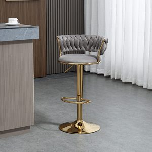 Modern Nordic Counter Height Adjustable High Velvet Hand Braided Back Swivel <strong>Tall</strong> Bar Chair Stool Luxury <strong>Barstools</strong> For Kitchen - Product Image 4