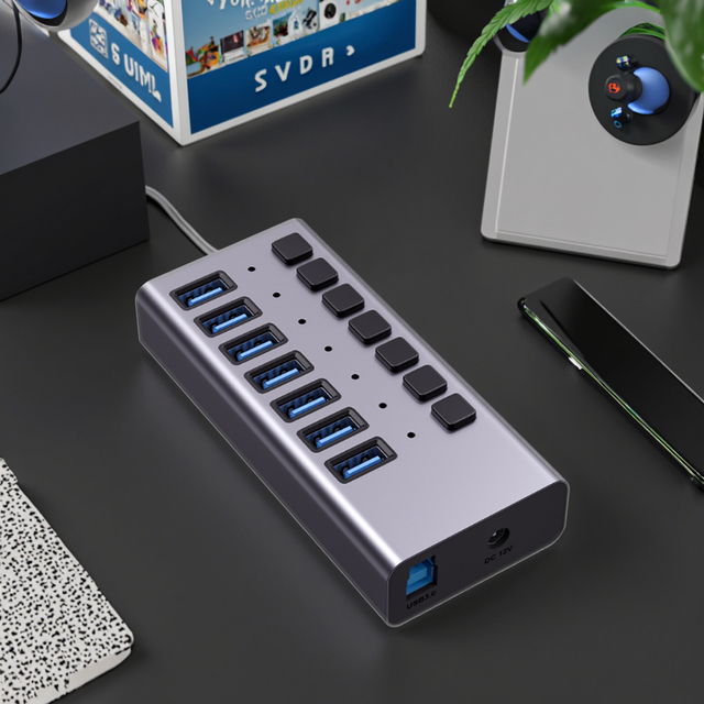 Ready Ship 36W Industrial USB 3.0 5Gbps 7-Port Hub Individual Switch Aluminum Alloy Space Gray Stock-WFYEAR HS081 Laptop