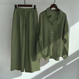 En Gros Ensembles de Pantalons Femme Manches Longues Chemise Décontractée Simple Boutonnage + Pantalon Large 2 Pièces Tenues Élégantes Été Ensemble Femme - Product Image 5