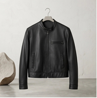 Veste en cuir pour femme en peau de mouton, noire, col montant, fermeture éclair, multi-poches, légèrement décontractée, courte, style biker