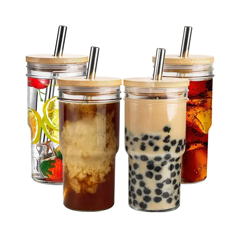 22oz glass ice coffee milkshake cup wide mouth clear large Mason Jar with bamboo lids straws