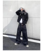 Jean Baggy Noir en Denim Personnalisable avec Double Taille, Boutons et Poches, Denim Noir Uni, Style Streetwear pour Hommes
