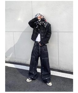 Jean Baggy Noir en Denim Personnalisable avec Double Taille, Boutons et Poches, Denim Noir Uni, Style Streetwear pour Hommes - Product Image 6