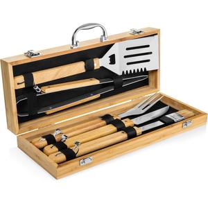 Juego de utensilios para <span class=keywords><strong>barbacoa</strong></span> de acero inoxidable de alta calidad, herramientas de bambú para <span class=keywords><strong>barbacoa</strong></span> con caja de madera, <span class=keywords><strong>barbacoa</strong></span>, 5 piezas - Product Image 1