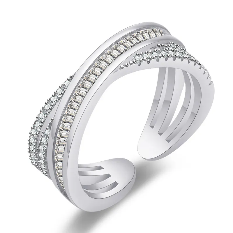Anello geometrico con barra di rame personalizzato a forma di X anello multistrato di diamante bianco con apertura ad alta qualità