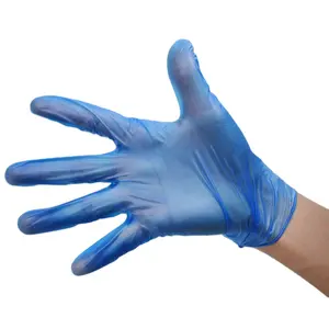 ถุงมือไวนิลแบบใช้แล้วทิ้งสีฟ้าหนาและยืดหยุ่นปานกลางปราศจากผง