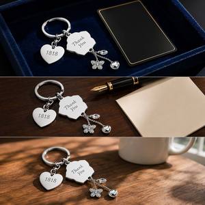 Porte-clés personnalisé gravé en forme de cœur, en alliage de zinc, avec papillon, fleur et cristal, breloque de sac pour femme, <span class=keywords><strong>cadeau</strong></span> de mariage ou de Saint-Valentin - Product Image 4