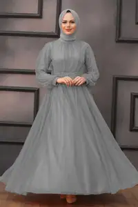 2023 Elegant High Waist Pearl Embellished With Plain Pigment Mesh Maxi Islamic Clothing Muslim Dress