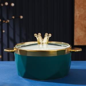 <span class=keywords><strong>Bol</strong></span> à Soupe en Céramique de Luxe Vert Jade avec Bordure Dorée, <span class=keywords><strong>Bol</strong></span> à Soupe Double Anse Créatif et Personnalisé avec Couvercle - Product Image 5