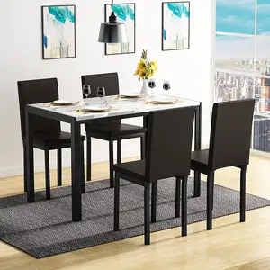 Mesa de jantar branca ajustada para mesa de cozinha retangular 4 com moldura de metal durável e cadeiras estofadas para cozinha doméstica