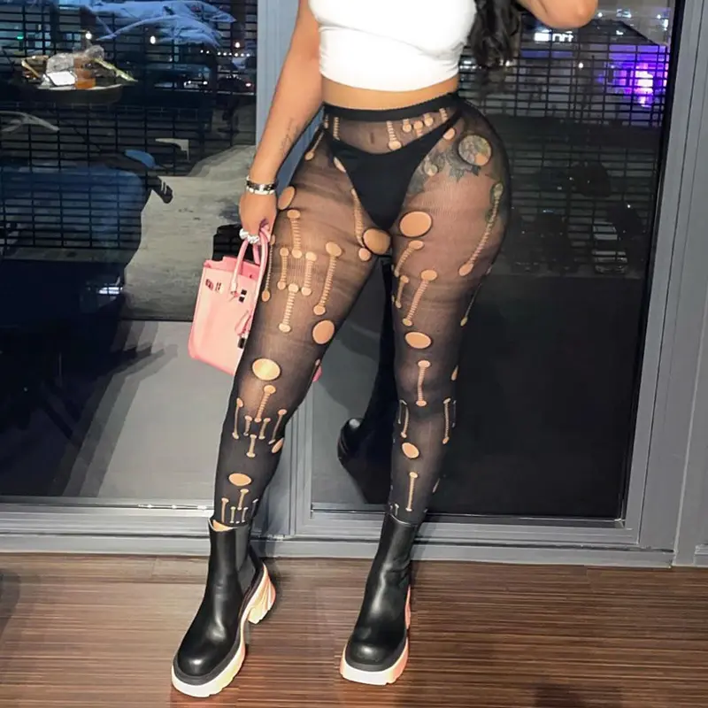 Fashion women club party one piece pants black Mesh see through hollow out hole leggings casual skinny pants trousers lady Y2K