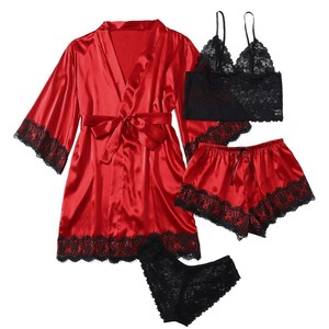 Quattro pezzi neri Set comode camicie <span class=keywords><strong>da</strong></span> <span class=keywords><strong>notte</strong></span> con rifiniture in pizzo e pantaloni termici e Sexy per le donne per l'autunno e la primavera - Product Image 4