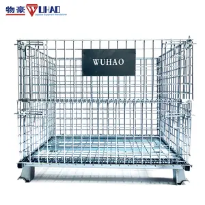 Customized Zinc Coated Stackable Folding Metal Wire Mesh Storage Cages Wire Mesh Container For Industrial Warehouse