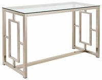 Table console moderne pour canapé avec plateau en verre transparent et motif géométrique nickelé