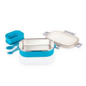 Stainless Steel <b>Lunch</b> <b>Box</b> Rectangle Portable Bpa Free Leak Proof 1 Compartment Blue With Plastic Lid And Utensils - Product Image 1