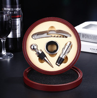 Ensemble cadeau d'ouvre-bouteille à vin en acier inoxydable, boîte ronde en cuir, kits à vin, bouchon, verseur, outil, 4 pièces, ouvre-bouteille à vin rouge