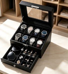 Boîte de rangement de luxe pour montres avec fenêtre transparente, 6 emplacements pour montres et tiroir à bijoux pour bagues, lunettes de soleil et boucles d'oreilles - Product Image 4