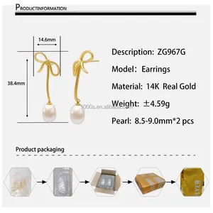 14K Solid Gold Bow Shape Stud Earrings With 9mm Freshwater Pearl Fine Jewelry For Women Gifts Customize 18K 9K Gold New Arrivals