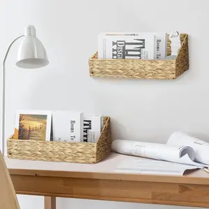 Wall Hanging Woven Water Hyacinth Baskets With Hooks Storage Holder Basket Box For Bathroom Kitchen Living Room Guest Room