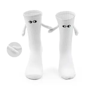 Manufacturers custom pair handholding socks white embroidered mid-tube socks Besties magnetic suction toe socks