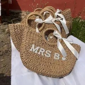 Gelin saman plaj çantası taklidi inci harfler MRS B el yapımı hasır dokuma çanta ile özelleştirilmiş nakış