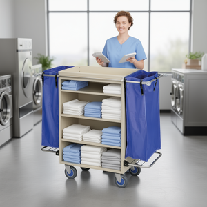 Carrello Multiuso a 4 Ripiani 1100mm Beige con Sacchi Blu per Stoccaggio Lavanderia - Product Image 3