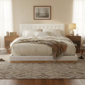 Adjustable <b>Convertible</b> Solid Rubber Wood King Platform <b>Bed</b> Upholstered Headboard Modern Tufted Design Sturdy Slat Support - Product Image 6