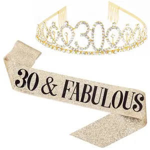 Holesale-banda de cumpleaños dorada con purpurina, tiara con corona de diamantes de imitación, 30