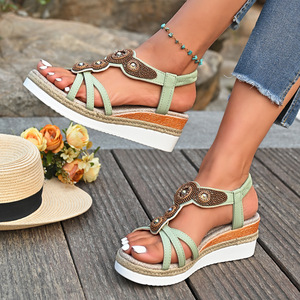 Women Summer Wedge <b>Sandals</b> New Thick Sole <b>Elastic</b> European American Roman <b>Sandals</b> Bohemian 44 - Product Image 2