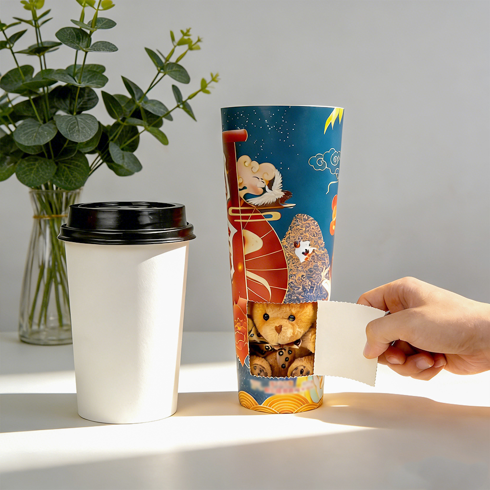 Wholesale Custom Biodegradable Blind Box Paper Cups Food Grade Surprise Milk Tea Cup with Lid Takeaway Packaging Eco-Friendly
