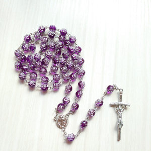 Collane alla Moda con Perline, Collana con Pendente a Croce Stile <span class=keywords><strong>Rosario</strong></span> con Perle di Vetro Colorate, Gioielli all'Ingrosso con Catena Lunga per Donna - Product Image 6