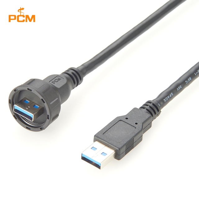 Waterproof USB3.0 Type A Male to Male Panel Mount Screwing Cable IP67 5Gbps for Equipment Chassis Cabinet Enclosure