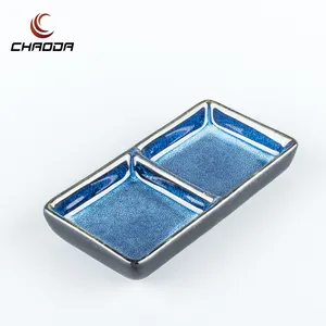 Hotel Restaurant Soy Dipping Sauce Dishes Rectangular Divided Dish Ceramic Appetizer Plates 2-compartment Platter