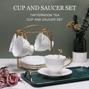 Juego de tazas y platillos de porcelana disponible de muestra Taza y platillo de café con borde de empuñadura dorada Platillos de tazas de espresso de hueso nuevo - Product Image 3