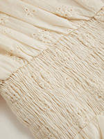 Mini-robe beige à broderie anglaise et dentelle, robe courte d'été pour femme à col en V, buste froncé et coupe trapèze, idéale pour la plage