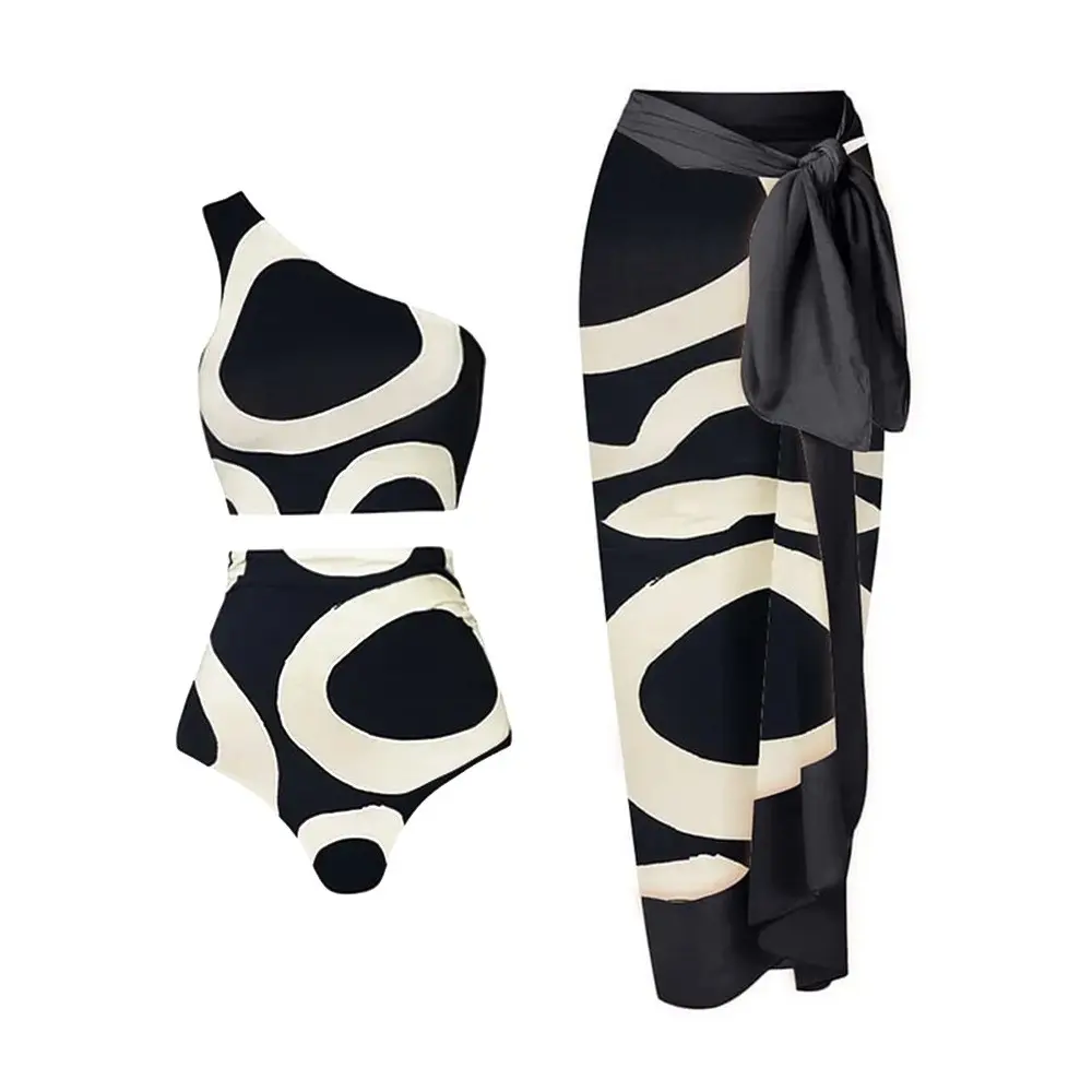 Black and white print high-waisted one-shoulder bikini set beach dress swimsuit women's swimsuit 2023