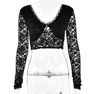 Top Corto de Encaje con Cuello en V y Manga Larga para Mujer, Blusa Transparente sin Espalda para Fiesta, Color Sólido, Poliéster, Top de Moda - Product Image 5