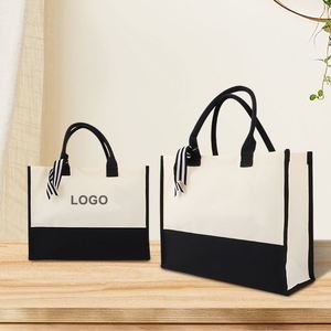 Reusable <b>Black</b> White <b>Canvas</b> <b>Tote</b> <b>Bag</b> with Striped Ribbon Custom Logo for Gift Shopping Promotion - Product Image 2