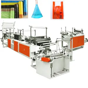 High speed two lines paper core labeling rolling plastic supermarket vegetable bag making machine