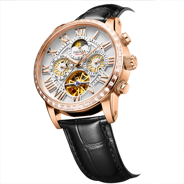 Caluola Sport Automatic Mechanical Watch Men's Tourbillon 24-Hour Synthetic Sapphire Mirror Hollow Stainless Steel Case 22mm