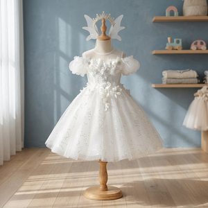 <b>White</b> Butterfly <b>Fairy</b> Floral <b>Dress</b> Girls Party Tulle Soft Non-Itchy Fabric Birthday Tea Party Knee-Length Puffy Sleeves 3D - Product Image 3