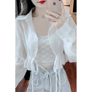 Camisa elegante de chifón con cordón para mujer, protección solar, perfecta para el verano, protección UV, ropa para exteriores - Product Image 1